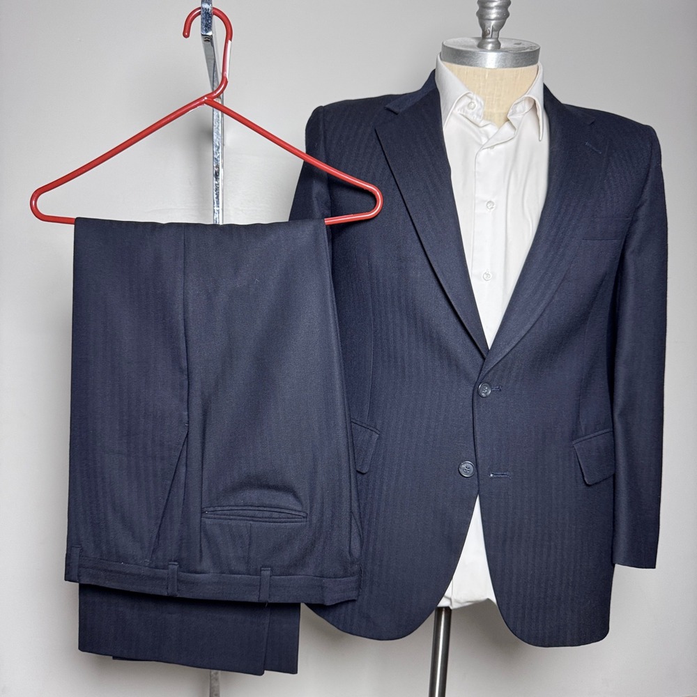 Barrister Suit Mens 40R W34 Navy Blue Herringbone Wool Two Button Vintage